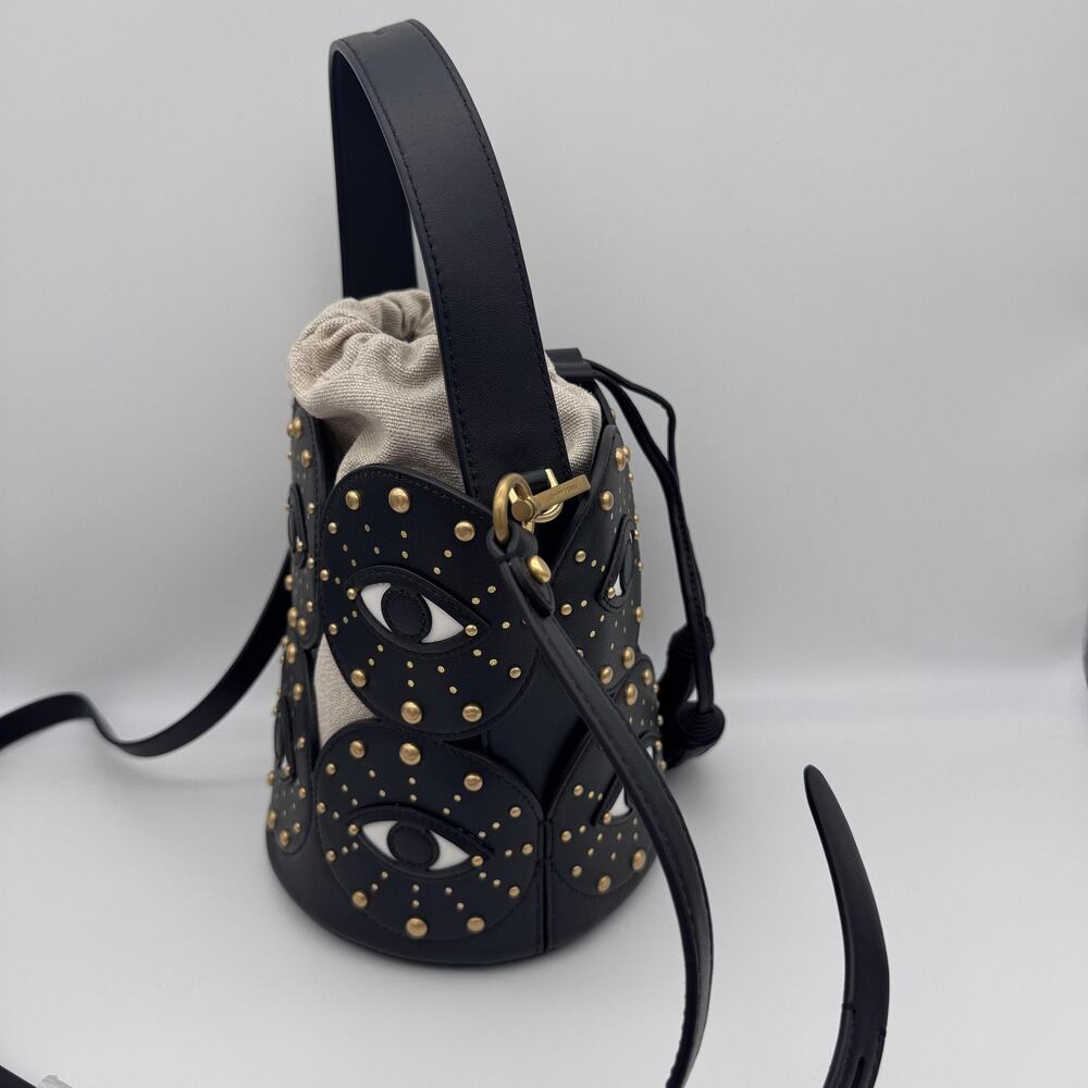 Rebecca Minkoff Evil Eye Bucket Bag Studded Leather Canvas Crossbody Black NEW - Picture 9 of 16